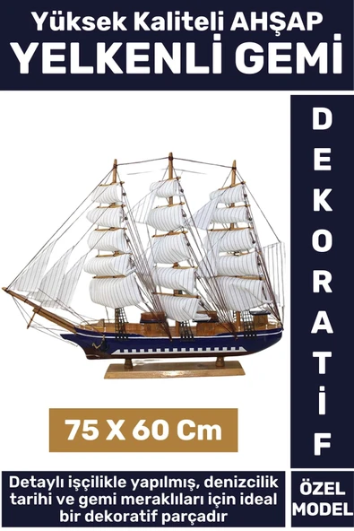 Premium Yüksek Kaliteli Dekoratif Ev Ofis Hediyelik Denizci Koleksiyon Ahşap YELKENLİ GEMİ 75X60 Cm