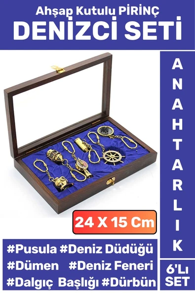 Premium Dekoratif Hediyelik Denizci Temalı Yüksek Kaliteli Ahşap Kutulu PİRİNÇ 6'lı Anahtarlık Seti ürün görseli