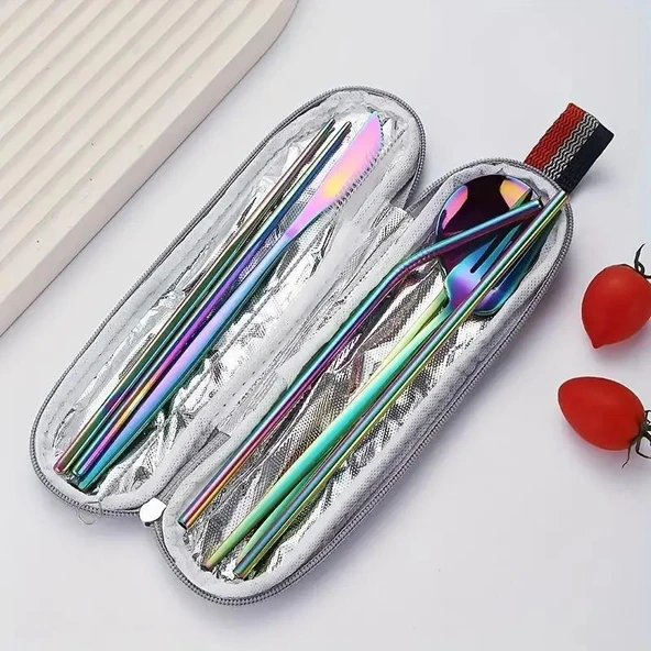Valkyrie 8 Parça Çantalı Yolculuk Çatal Bıçak Kaşık Pipet Chopstick Seti Kamp Okul Ofis Tatil Paslanmaz Çelik Renkli - 6