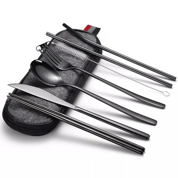 Valkyrie 8 Parça Çantalı Yolculuk Çatal Bıçak Kaşık Pipet Chopstick Seti Kamp Okul Ofis Tatil Paslanmaz Çelik Siyah