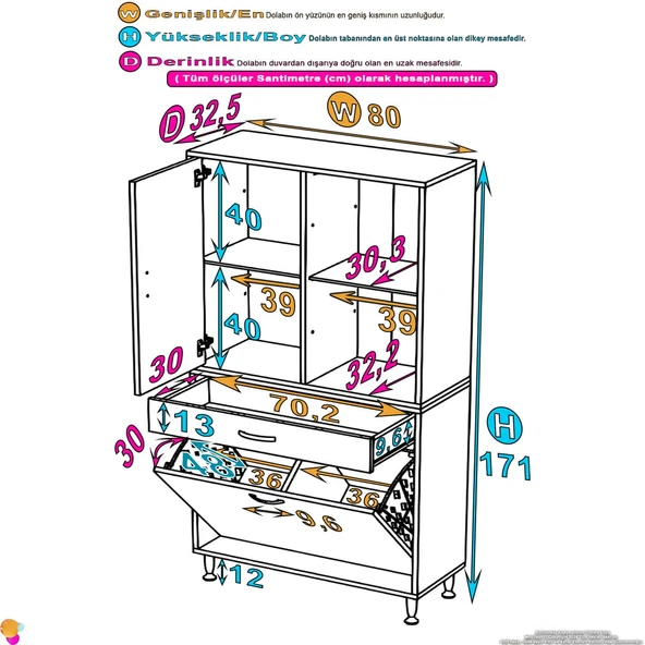 Modilayn AFRA 80x173x32,5cm 1 Çekmece, 2 Göz Sepet, 1 Kapak, 4 Raf Dar Alan Banyo Dolabı - Resim 4