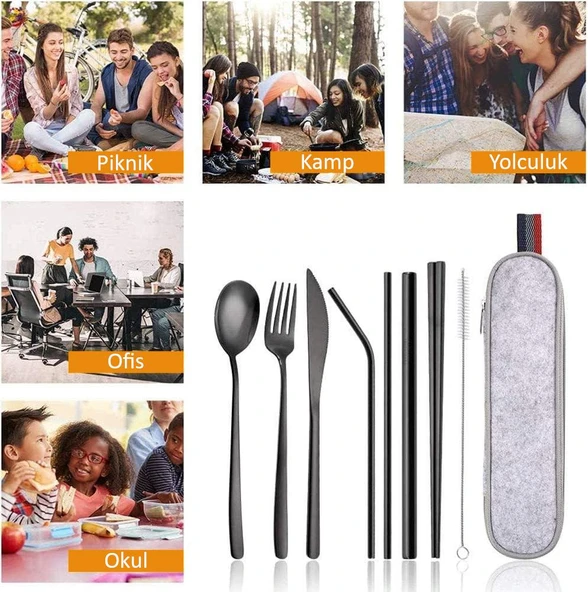 Valkyrie 8 Parça Çantalı Yolculuk Çatal Bıçak Kaşık Pipet Chopstick Seti Kamp Okul Ofis Tatil Paslanmaz Çelik Siyah - 7