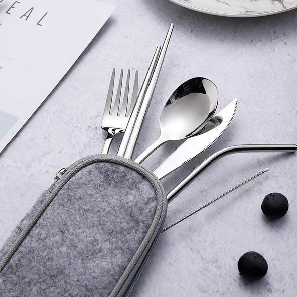 Valkyrie 8 Parça Çantalı Yolculuk Çatal Bıçak Kaşık Pipet Chopstick Seti Kamp Okul Ofis Tatil Paslanmaz Çelik Metal - 6