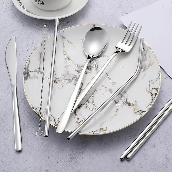 Valkyrie 8 Parça Çantalı Yolculuk Çatal Bıçak Kaşık Pipet Chopstick Seti Kamp Okul Ofis Tatil Paslanmaz Çelik Metal - 4