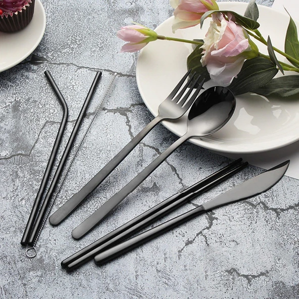Valkyrie 8 Parça Çantalı Yolculuk Çatal Bıçak Kaşık Pipet Chopstick Seti Kamp Okul Ofis Tatil Paslanmaz Çelik Siyah - 3