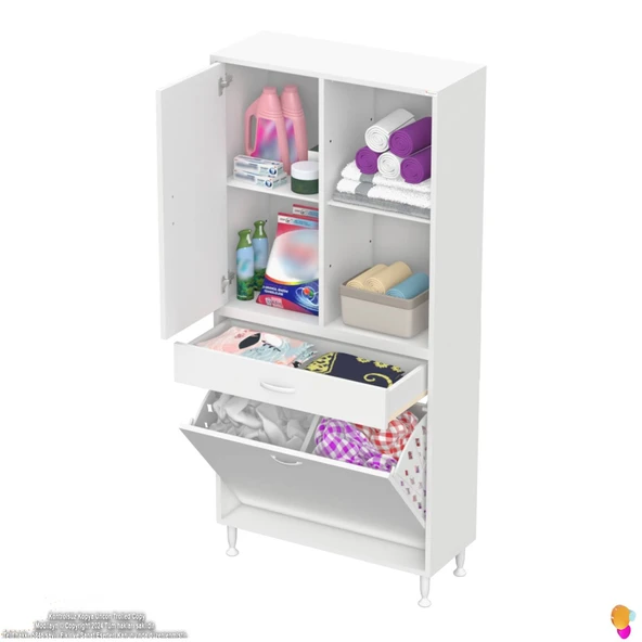 Modilayn AFRA 80x173x32,5cm 1 Çekmece, 2 Göz Sepet, 1 Kapak, 4 Raf Dar Alan Banyo Dolabı - Resim 5