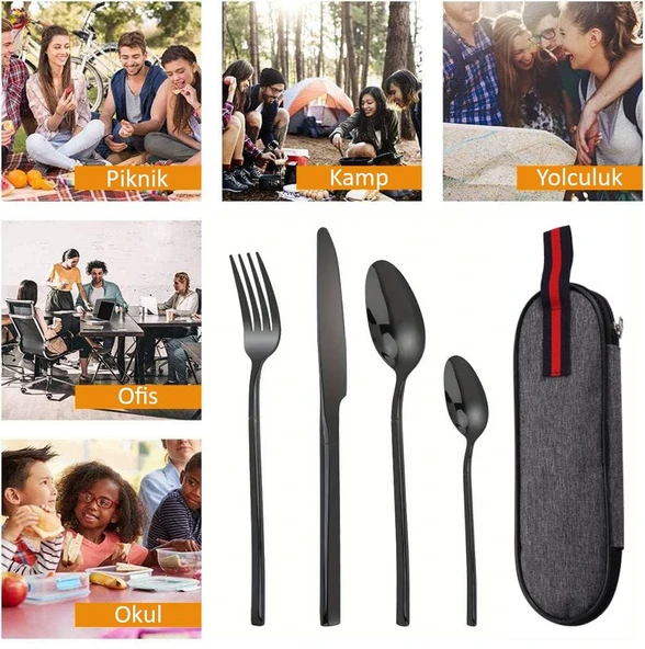 Valkyrie Çantalı Yolculuk Çatal Kaşık Bıçak Seti Kişiye Özel 1. Sınıf Paslanmaz Çelik Ofis Okul Kamp Restaurant C3404 - 7