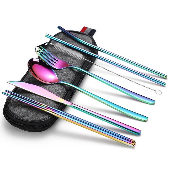 Valkyrie 8 Parça Çantalı Yolculuk Çatal Bıçak Kaşık Pipet Chopstick Seti Kamp Okul Ofis Tatil Paslanmaz Çelik Renkli