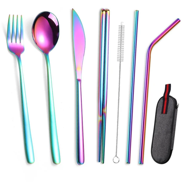 Valkyrie 8 Parça Çantalı Yolculuk Çatal Bıçak Kaşık Pipet Chopstick Seti Kamp Okul Ofis Tatil Paslanmaz Çelik Renkli - 2