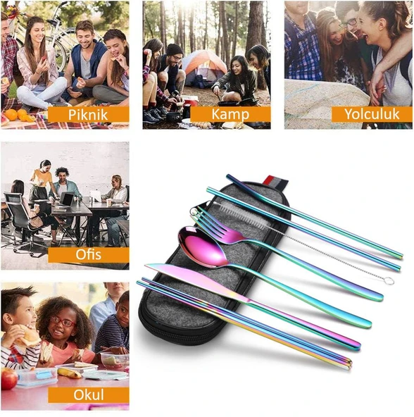 Valkyrie 8 Parça Çantalı Yolculuk Çatal Bıçak Kaşık Pipet Chopstick Seti Kamp Okul Ofis Tatil Paslanmaz Çelik Renkli - 7