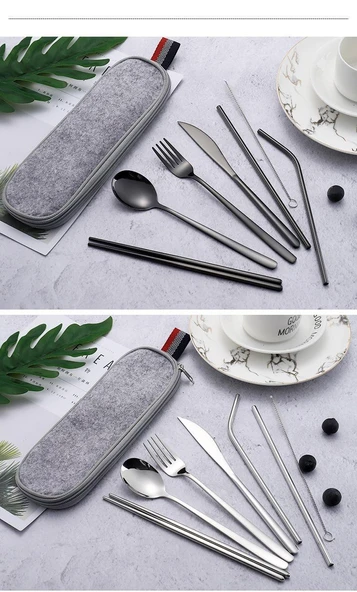 Valkyrie 8 Parça Çantalı Yolculuk Çatal Bıçak Kaşık Pipet Chopstick Seti Kamp Okul Ofis Tatil Paslanmaz Çelik Metal - 5