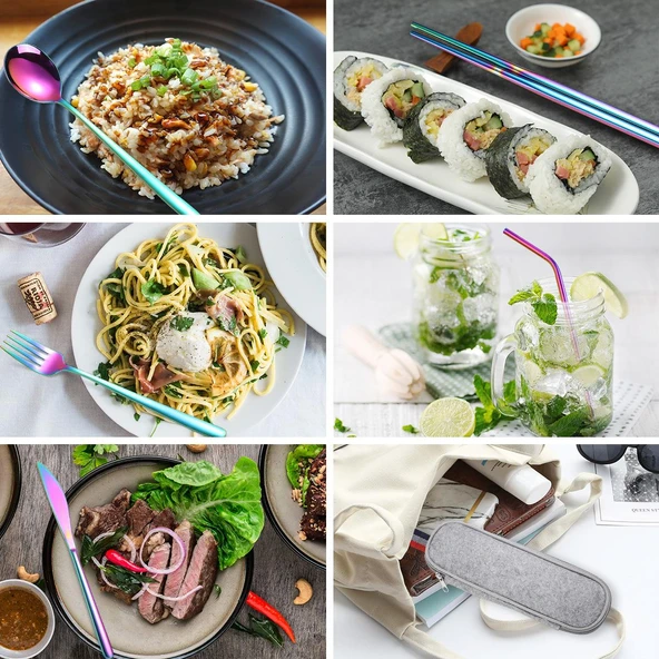 Valkyrie 8 Parça Çantalı Yolculuk Çatal Bıçak Kaşık Pipet Chopstick Seti Kamp Okul Ofis Tatil Paslanmaz Çelik Renkli - 3