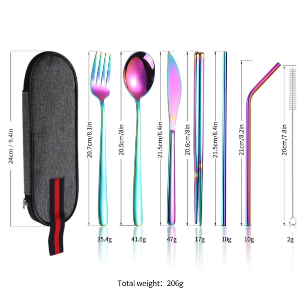 Valkyrie 8 Parça Çantalı Yolculuk Çatal Bıçak Kaşık Pipet Chopstick Seti Kamp Okul Ofis Tatil Paslanmaz Çelik Renkli - 5