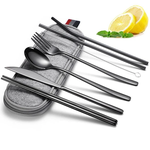 Valkyrie 8 Parça Çantalı Yolculuk Çatal Bıçak Kaşık Pipet Chopstick Seti Kamp Okul Ofis Tatil Paslanmaz Çelik Siyah - 9