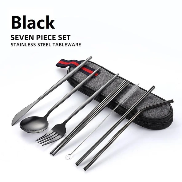 Valkyrie 8 Parça Çantalı Yolculuk Çatal Bıçak Kaşık Pipet Chopstick Seti Kamp Okul Ofis Tatil Paslanmaz Çelik Siyah - 2