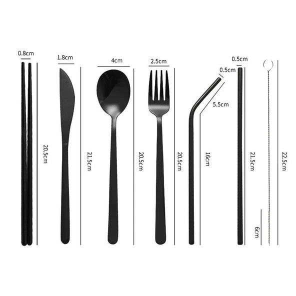 Valkyrie 8 Parça Çantalı Yolculuk Çatal Bıçak Kaşık Pipet Chopstick Seti Kamp Okul Ofis Tatil Paslanmaz Çelik Siyah - 4