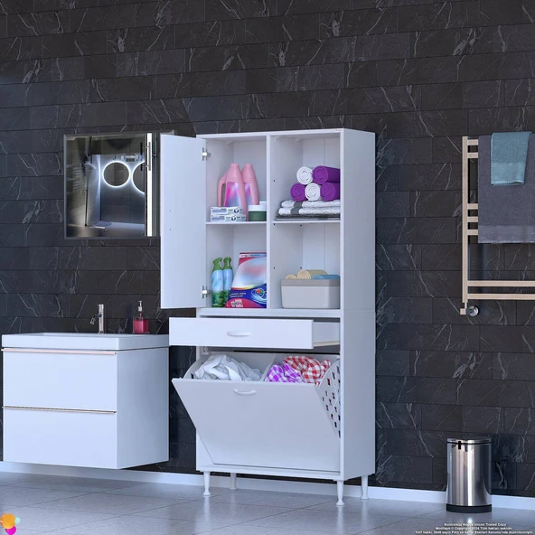 Modilayn AFRA 80x173x32,5cm 1 Çekmece, 2 Göz Sepet, 1 Kapak, 4 Raf Dar Alan Banyo Dolabı - Resim 2