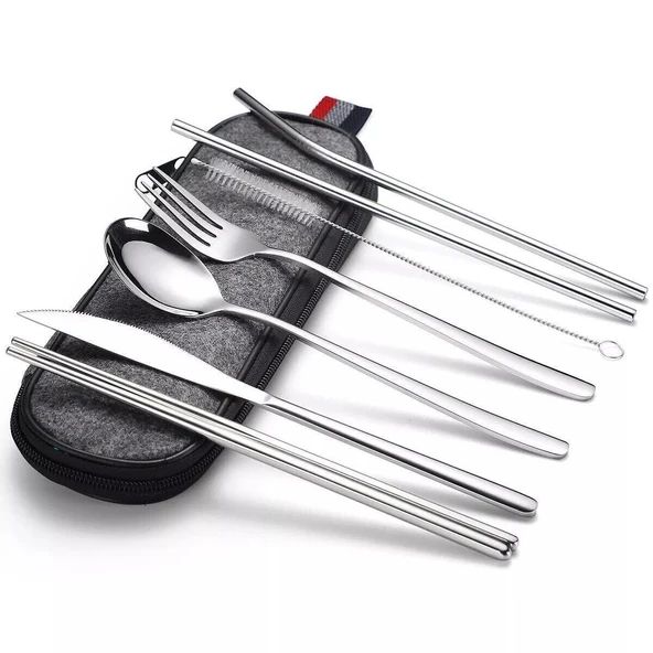 Valkyrie 8 Parça Çantalı Yolculuk Çatal Bıçak Kaşık Pipet Chopstick Seti Kamp Okul Ofis Tatil Paslanmaz Çelik Metal