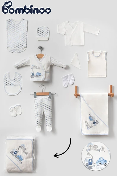 Bebe Arabalı Trenli 11 Parca Hastane Cıkışı Yeni Doğan Zıbın Set Mavi