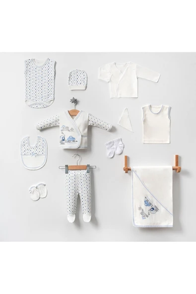 Bebe Arabalı Trenli 11 Parca Hastane Cıkışı Yeni Doğan Zıbın Set Mavi - 2