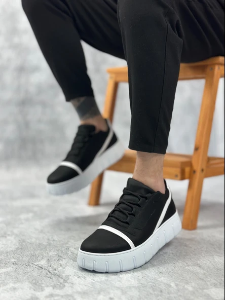 Pabucmarketi Bağcıklı Erkek Günlük Ayakkabı SİYAH (BEYAZ TABAN) - Resim 5