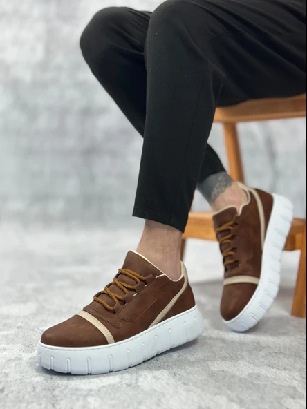 Pabucmarketi Bağcıklı Erkek Günlük Ayakkabı TABA (BEYAZ TABAN) - Resim 4