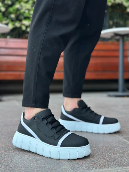 Pabucmarketi Bağcıklı Erkek Günlük Ayakkabı SİYAH (BEYAZ TABAN) - Resim 3