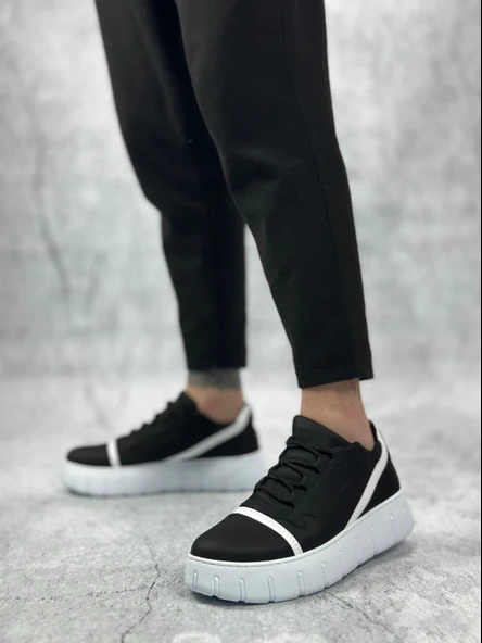 Pabucmarketi Bağcıklı Erkek Günlük Ayakkabı SİYAH (BEYAZ TABAN) - Resim 6