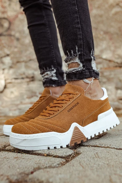 Pabucmarketi Bağcıklı Erkek Spor Ayakkabı Taba Beyaz - Resim 2