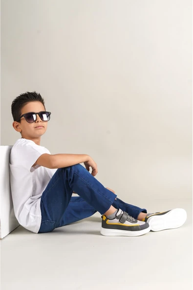 Pabucmarketi Cırtlı Bağcık Detaylı Erkek Çocuk Günlük Yürüyüş Ayakkabısı Gri Beyaz Sarı - 5