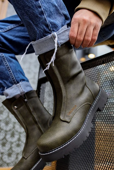 Pabucmarketi Fermuarlı Erkek Düz Bot Haki - Resim 2