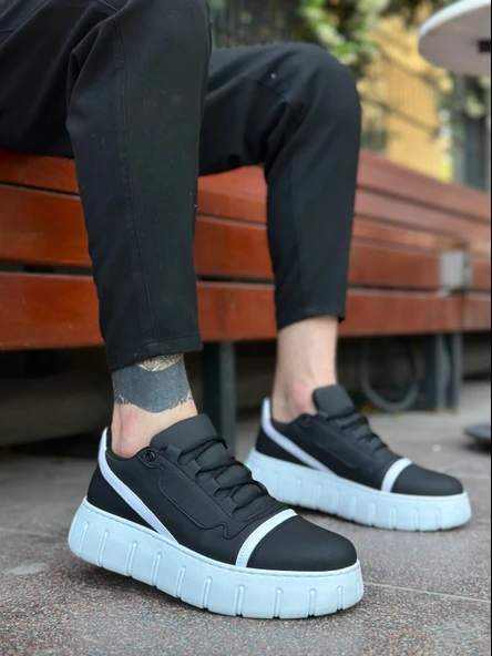 Pabucmarketi Bağcıklı Erkek Günlük Ayakkabı SİYAH (BEYAZ TABAN) ürün görseli