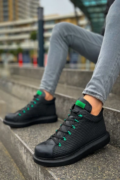 Pabucmarketi Bağcıklı Erkek Sneaker Bot Siyah Yeşil ürün görseli 1