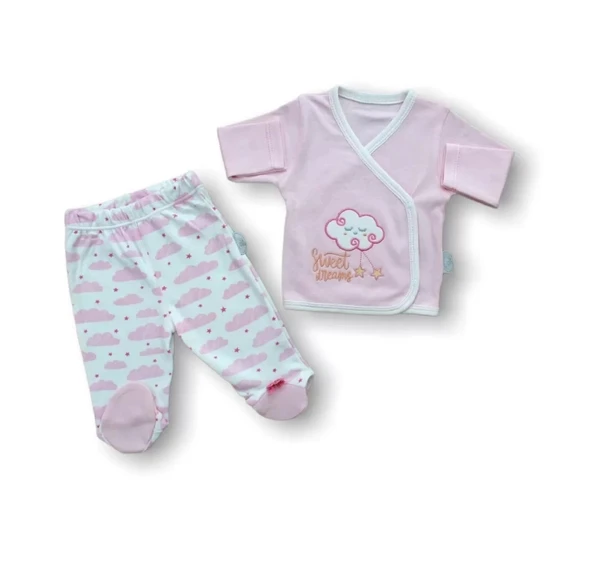 Lenaca Uykucu Bulut Nakışlı %100 Cotton Antibakteriyel 5li Zıbın Takımı Hastane Çıkışı - Resim 3