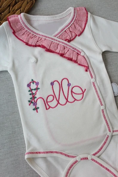 Lenaca 3-6 6-9 9-12 Ay Hello Nakışlı Kruvaze Bandanalı Uzun Kollu Zıbınlı 3lü Kız Bebek Takımı - Resim 2