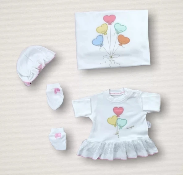 Lenaca Kalpli Uçan Balon Nakışlı %100 Cotton Antibakteriyel 10lu Zıbın Takımı Hastane Çıkışı - Resim 2