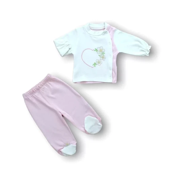 Lenaca Baharın Çiçekli Kalbi Nakışlı %100 Cotton Antibakteriyel 5li Zıbın Takımı Hastane Çıkışı - Resim 2