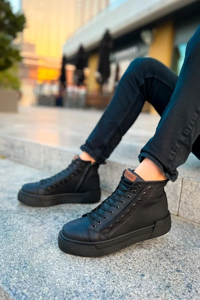 Pabucmarketi Fermuarlı Bağcık Detaylı Erkek Sneaker Bot Siyah Siyah - Resim 3