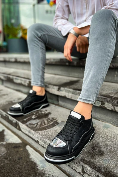 Pabucmarketi Bağcıklı Erkek Spor Ayakkabı Siyah Gümüş - 3