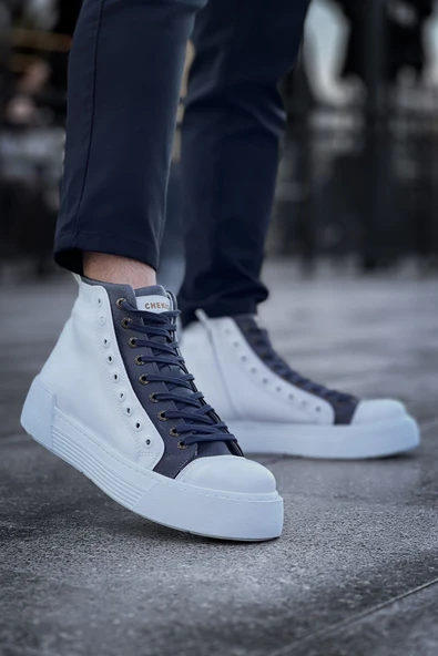 Pabucmarketi Fermuarlı Bağcık Detaylı Erkek Sneaker Bot Beyaz Antrasit - 3