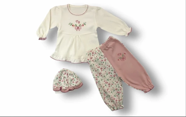 Lenaca 3-6 6-9 9-12 Ay Tb Çiçek Nakışlı Şapkalı Uzun Kollu Sweatli 3lü Kız Bebek Takımı ürün görseli 1