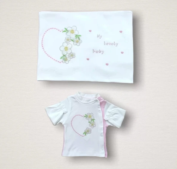 Lenaca Baharın Çiçekli Kalbi Nakışlı %100 Cotton Antibakteriyel 10lu Zıbın Takımı Hastane Çıkışı - Resim 3