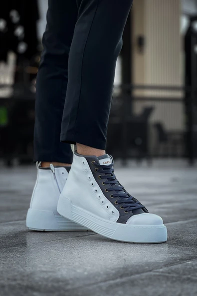 Pabucmarketi Fermuarlı Bağcık Detaylı Erkek Sneaker Bot Beyaz Antrasit - 4