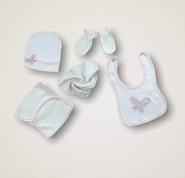 Lenaca Uçan Kelebekler Nakışlı %100 Cotton Antibakteriyel 10lu Zıbın Takımı Hastane Çıkışı - Resim 2