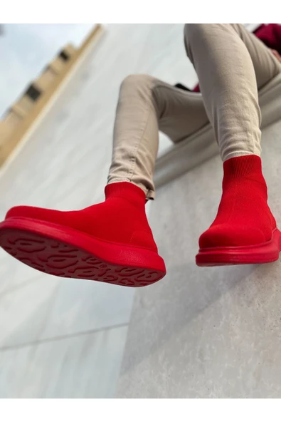 Pabucmarketi Düz Triko Erkek Sneaker Bot Kırmızı - Resim 3