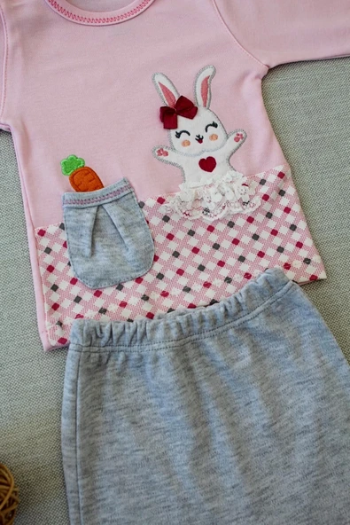 Lenaca 3-6 9-12 12-18 Ay Havuç Tavşan Nakışlı Bandanalı Cepli Uzun Kollu Sweatli 3lü Kız Bebek Tak - Resim 2