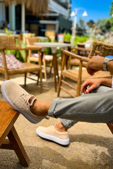 Pabucmarketi Bağcıklı Kadife Kumaş Erkek Günlük Ayakkabı Bej - Resim 3