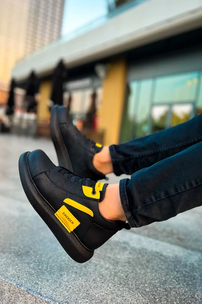 Pabucmarketi Bağcıklı Erkek Sneaker Bot Siyah Sarı - 4