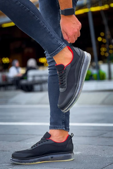 Pabucmarketi Bağcıklı Balon Taban Erkek Spor Ayakkabı Siyah Kırmızı - Resim 6