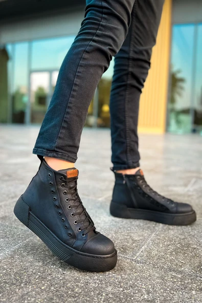 Pabucmarketi Fermuarlı Bağcık Detaylı Erkek Sneaker Bot Siyah Siyah